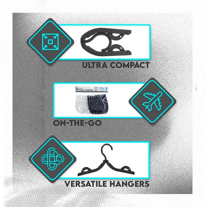 SE 12-piece Set of Folding Ultra Compact Travel Hangers (Black & White), Open 16-Inches Folded 5-Inches