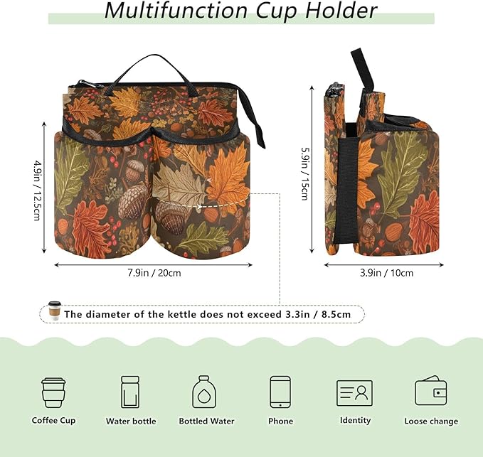 Luggage Cup Holder for Suitcases Free Hands Suitcase Cup Holder Travel Luggage Drink Holder Portable Luggage Cup Caddy Bag Carrier with Handle Brown Maple Leaves Acorns Berries Branches
