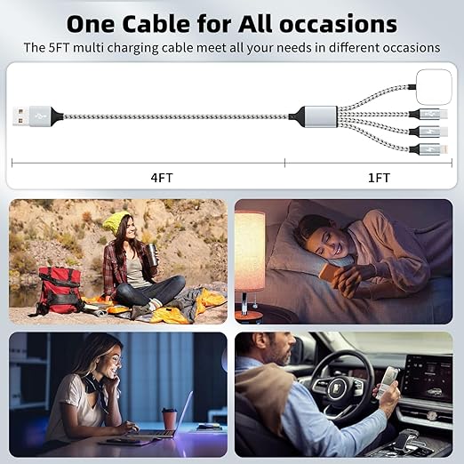 Travel Essentials 4in1 Multi Charging Cable for iPhone Watch Charger,USB A to Dual Type C/IP/iWatch Charger Travel Chargers for Multiple Devices Compatible with iWatch Series&iPhone 17-12 3Packs, 5FT