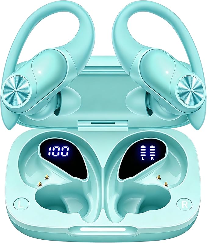 PocBuds Bluetooth Headphones Wireless Earbuds 80hrs Playtime Wireless Charging Case Digital Display Sport Ear buds with Earhook Deep Bass IPX7 Waterproof Over-Ear Earphones for Phone Laptop Mint Green