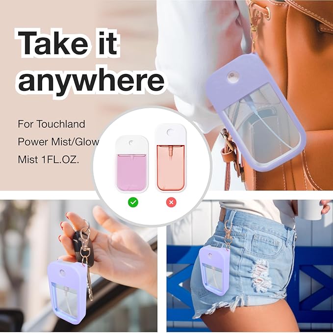 2 PCS Soft Silicone Case for Touchland Power Mist (1FL. OZ./30 mL), Protective and Stylish Case with Keychain Compatible with Touchland Hand Sanitizer Spray (Purple/White)