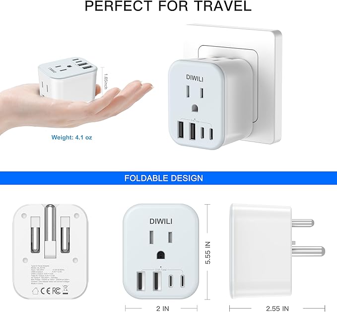 US to India Travel Plug Adapter, Foldable India Power Adapter with 4 USB(2 USB C Port) and 2 AC Outlets Charger, Type D Adaptor for US to India Bangladesh Maldives Nepal Pakistan Sri Lanka