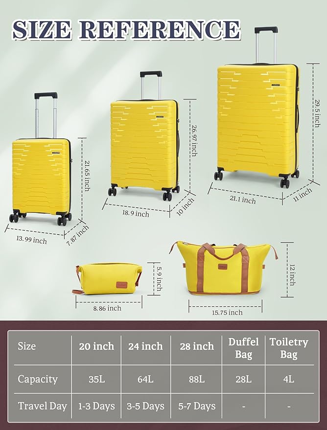 Cosbarn Luggage Sets 5 Piece, Suitcases with Wheels, PP Hard Case Luggage with Upgraded Shock-absorbing Spinner Wheel&TSA Lock, Carry On Luggage Set (LightYellow, 5 Piece Sets (20/24/28/DB/TB))