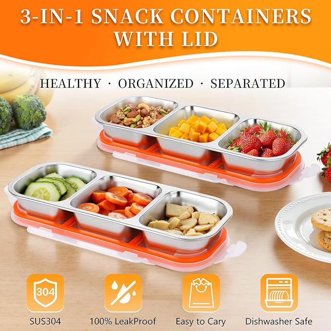 2Pack Reusable Stainless Steel Snack Containers with Leakproof Lids 3 Compartment, Stackable Metal Food Storage Lunch Boxes for Adults, Meal Prep, Travel, Office (2)