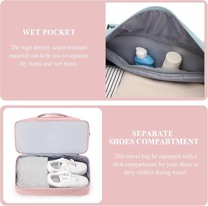 Weekender Bags for Women,Personal Item Travel Bag with Shoes Compartment,Large Overnight Travel Duffel Bag with Grid Toiletry Bag,Pink
