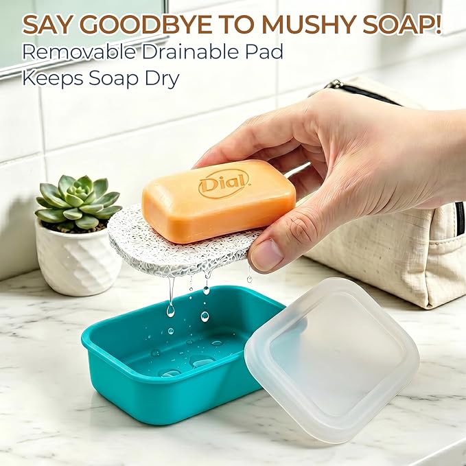 Enhanced Leak Proof Travel Soap Case, AIMAIAIMAI Silicone Soap Container with Draining Layer, Portable Bar Soap Holder for Bathroom, Camping, Gym, Easy to Clean (Translucent & Green)