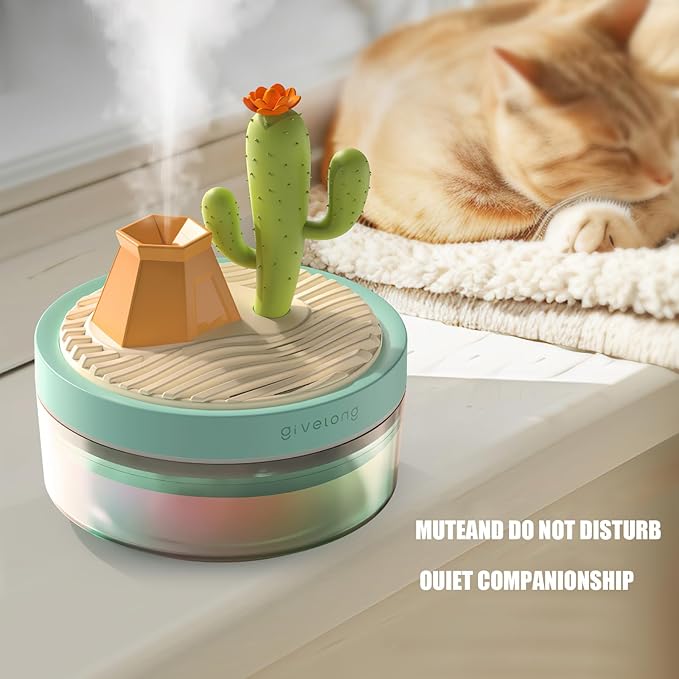 PRATIQUE Mini Portable Desktop Humidifiers for Bedroom,Small Humidifier with Cactus Landscape,Quiet,Cool Mist, Auto Off,7 Colors Night Light,320ml Air Humidifier Home Office Travel (GREEN)