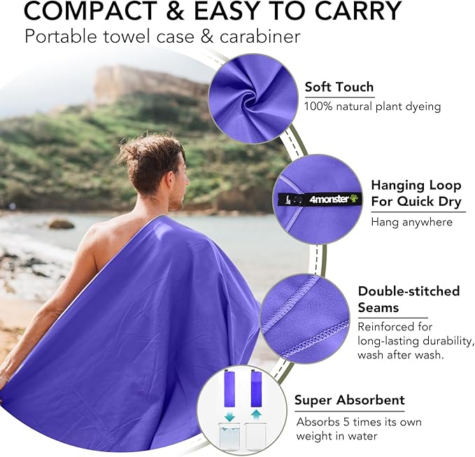 4Monster Quick Dry Travel Towel with Case & Carabiner – Super Absorbent Microfiber Gym & Camping Towel. Compact, Lightweight, Fast Drying for Beach, Swimming, Hiking, Backpacking