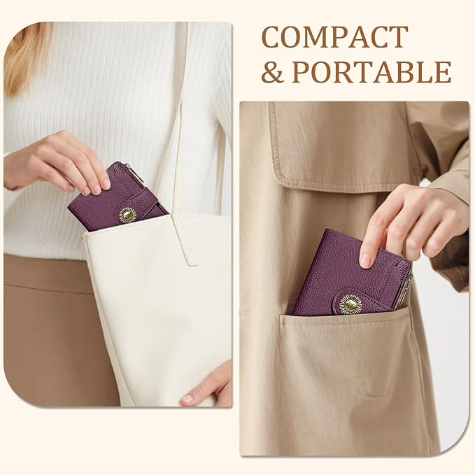 Icycay Small Wallet Women RFID Blocking Bifold, Credit Card Holder, Zipper Coin Pocket, PU Leather, Compact Travel, 4 ID Window, 14 Card Slots, Cash Purse, Ladies Woman Female Girls