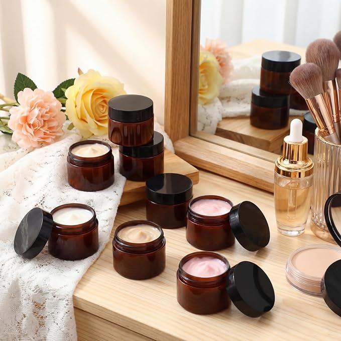 Patelai 4 Pieces Round Wide-mouth Leak Proof Plastic Container Jars with Lids for Travel Storage Makeup Beauty Products Face Creams Oils Salves Ointments DIY Making(2 Ounce,Amber)
