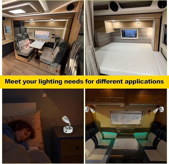 12V LED RV Interior Reading Light, Dimmable, with Dual USB Ports, RV Bedside Reading Light with Touch Switch, for Campers and Travel Trailers