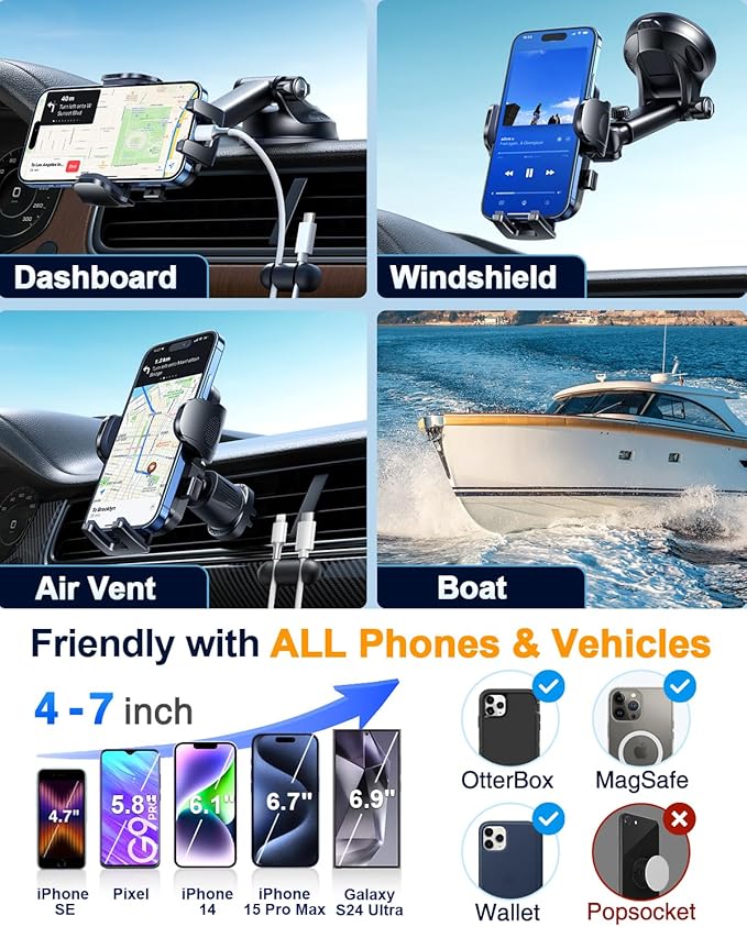 YRU True Military-Grade [360° Rotation Suction] 2026 Ultimate Car Phone Holder Mount【90+LBS Safest Strongest & Patent Certs】 Dash Windshield Vent for iPhone 17 16 Pro Max with Dash Accent,Gloss Black