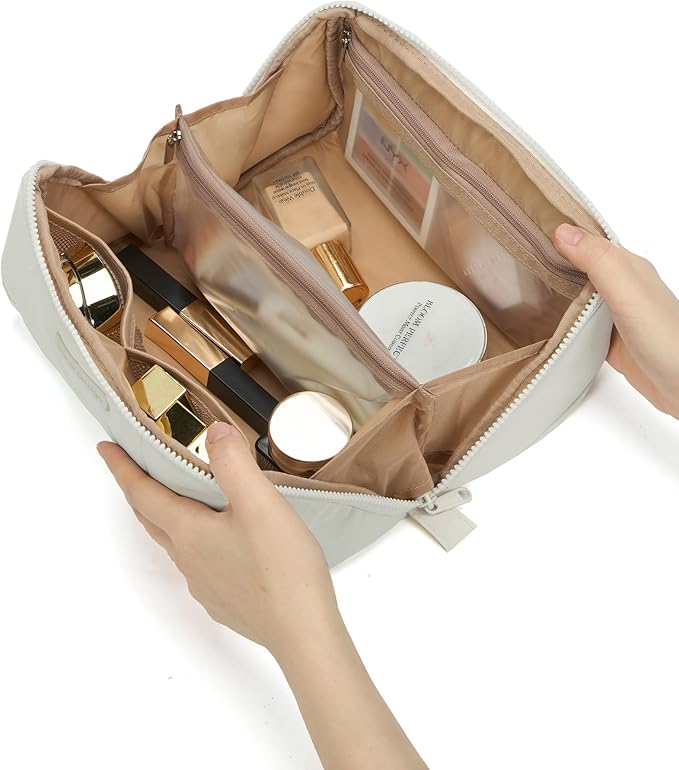 NISHEL Travel Makeup Bag for Women, Fluffy & Lightweight Open Flat Cosmetic Organizer with Multiple Functional Divider for Brush Independent Storage, Handle for Easy Portability, Beige