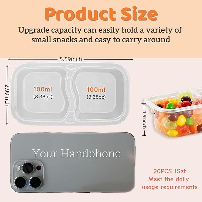 Snack Containers with Lids - 20PCS Reusable Double Compartment Condiment Containers for Portion Control, Microwave Safe Meal Prep Snack Containers for Lunch, Picnics, Parties
