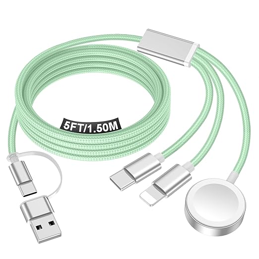 Travel Essentials for Apple Watch Charger,iPhone Charger,3 in 2 Type C/Lightning/Magnetic Travel Charging Cable,Portable Multi Charging Cable for Apple Watch, iPhone 17‑11,Samsung S26,Car,iPad-5FT