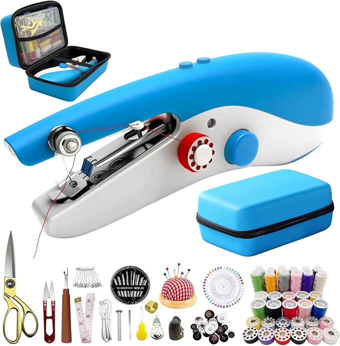 Portable Handheld Sewing Machine with 110 PCS Sewing Kit & Blue Leather Case, Dual-Speed, Built-in Work Light, Dual Power Supply. Perfect for Home & Travel, for Adults & Beginners, for Clothes & Jeans