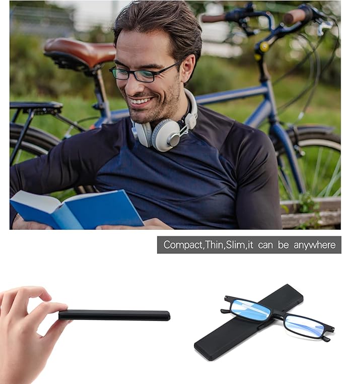 2 Pack Ultra thin Lightweight Folding Reading Glasses Women Men TR90 Blue Light Blocking Anti UV/Eyestrain Foldable Compact Computer Readers Portable Unique Stretchable Slim Flat case Gunmetal, +3.0