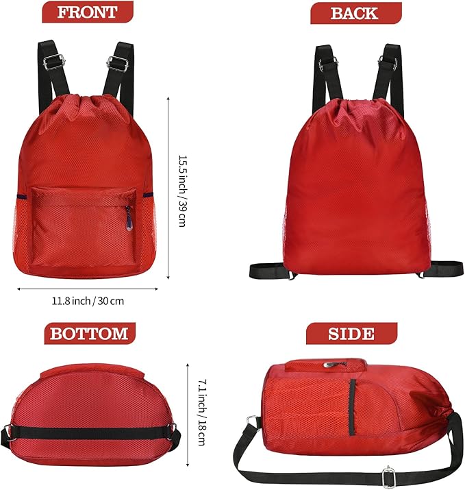 Waterproof Drawstring Bag, Lightweight String Backpack with Water Bottle Holder and Pockets, Gym Sports Cinch Sackpack (Red)
