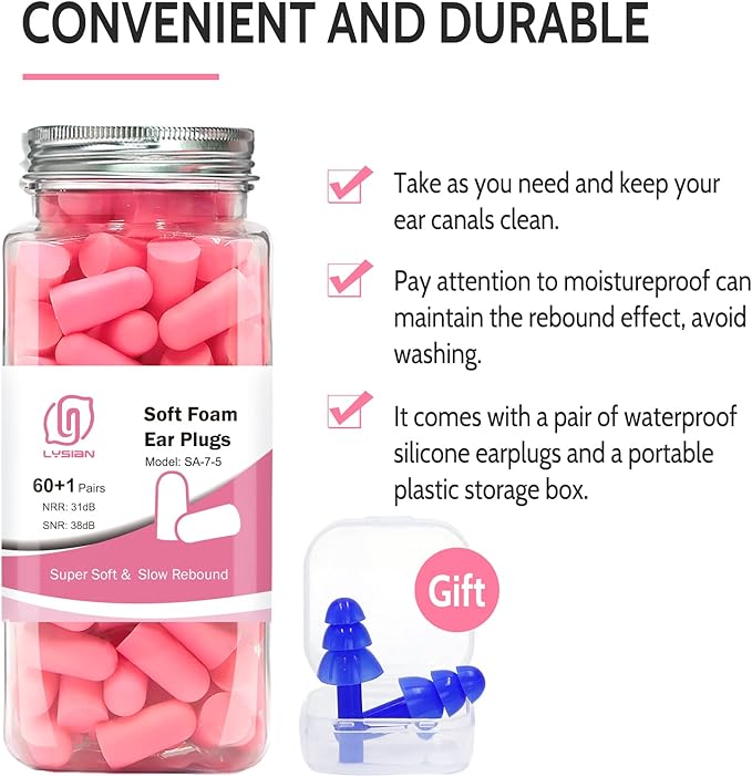 LYSIAN Soft Foam Ear Plugs for Sleeping and Snoring, 38dB SNR Noise Reduction Earplugs, 60 Pairs Disposable Earplugs for Women, Travel, Study and Loud Noise, Pink