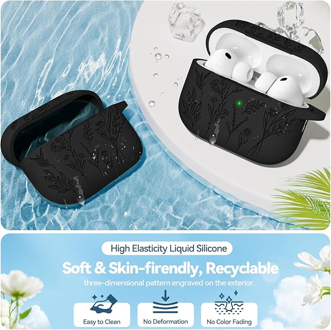 for Airpods Pro 3 Case, Flower Engraved Cases for Apple AirPods Pro 3rd Generation 2025, Soft Silicone Cover for Men Women Girly with Cleaning Kit & Keychain, Anti-Scratch, Shockproof