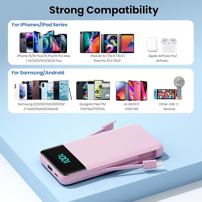 Portable Charger for iPhone with Built in Cables and Wall Plug,Upgraded 13800mAh Fast Charging USB C Power Bank,4 Outputs Travel Essential Battery Pack Compatible with iPhone 17/16/15/14,Galaxy-Pink