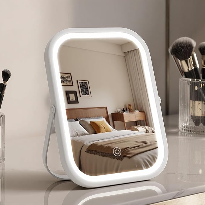 Rechargeable Travel Makeup Mirror, 8"×6" Small Vanity Mirror with Lights, 1500mAH Battery, 3-Color Lighting, Dimmable, 360° Rotation, Portable Desk Mirror with Storage Pouch, Travel Essentials (White)