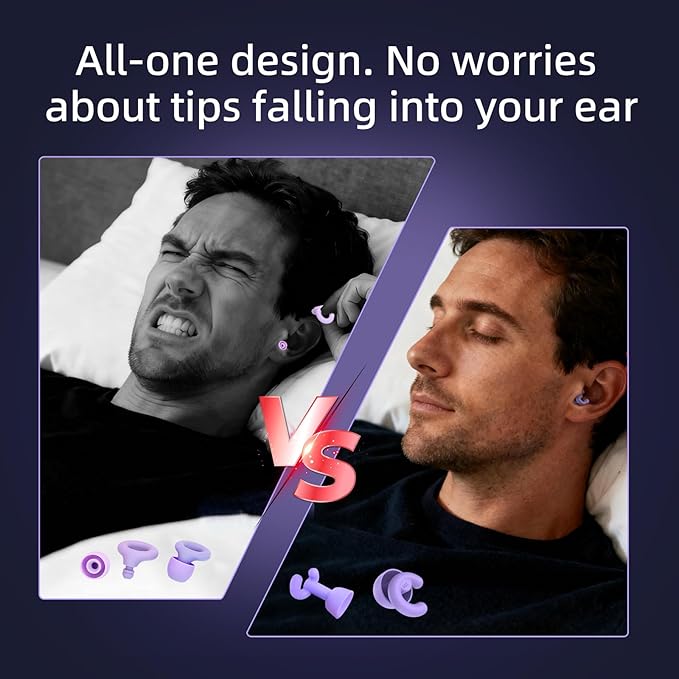 Noise Cancelling Ear Plugs for Sleep, Small Ear Fit - No-Pain for Side Sleepers, 50dB NRR Reusable Silicone One-Piece Design, 4 Sizes for Adults & Kids, Portable Case (Purple, 4 Pairs)