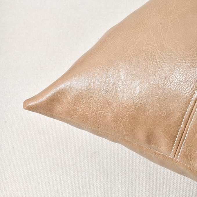 Fancy Homi Tan Long Lumbar Waterproof Faux Leather Decorative Throw Pillow Covers 14x24 Inch for Living Room Couch Bed, Beige Hand Stitched Cushion Case 35x60 cm, Taupe Modern Farmhouse Home Decor