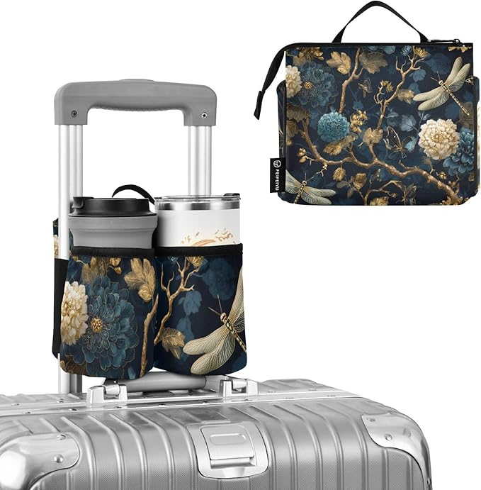 Luggage Cup Holder for Suitcases Free Hands Suitcase Cup Holder Travel Luggage Drink Holder Portable Luggage Cup Caddy Bag Carrier with Handle Mystical Flowers and Dragonflies