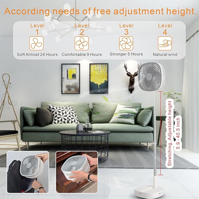 Magesh Portable Pedestal Fan - Foldaway Standing Fan Foldable Desk Fan, Use 7200Mah Rechargeable Battery, Remote Control Telescopic 4 Speed Quiet Timer Fan for Home Kitchen Outdoor Camping (Gray)