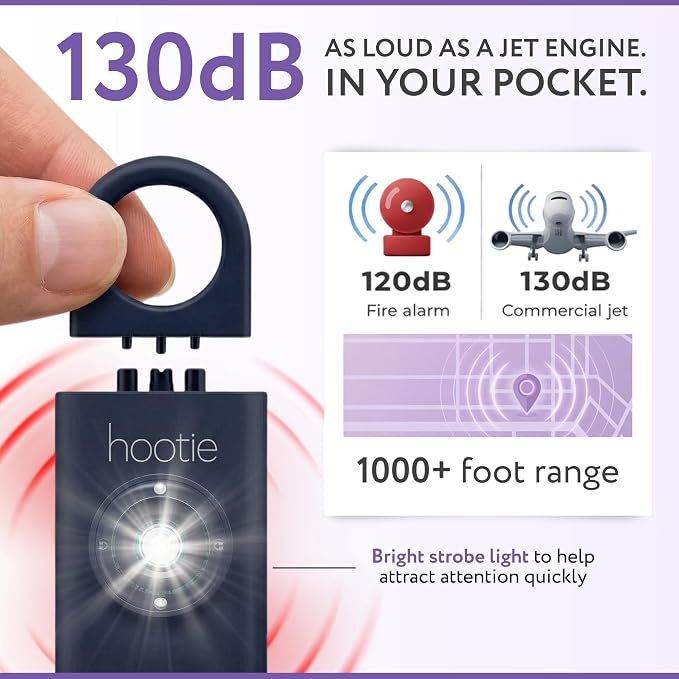 HOOTIE Personal Safety Alarm for Women, Men and Kids — 130dB Personal Alarm Keychain, Pull Pin Safety Alarm Keychain with Strobe Light, Self-Defense Alarm for Campus, Travel and Running — Navy