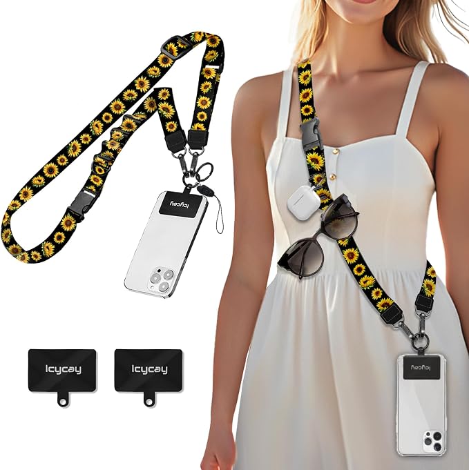 Icycay Phone Lanyard Crossbody, Flower Cell Phone Strap for Around The Neck Adjustable, Floral Teacher Anti Theft Cute Lanyard for ID Holder Keys Accessories Travel Essential