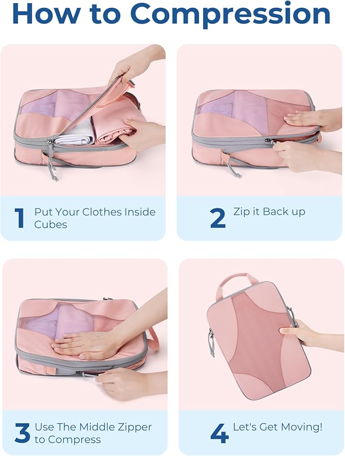 BAGSMART Compression Packing Cubes for Travel, 6 Set/14 Set Compressible Luggage Organizer for Cruise Ship, Lightweight Travel Essentials (1L+2M+2S+Shoe bag+Drawstring bag+Toiletry bag+6Plastic bags)