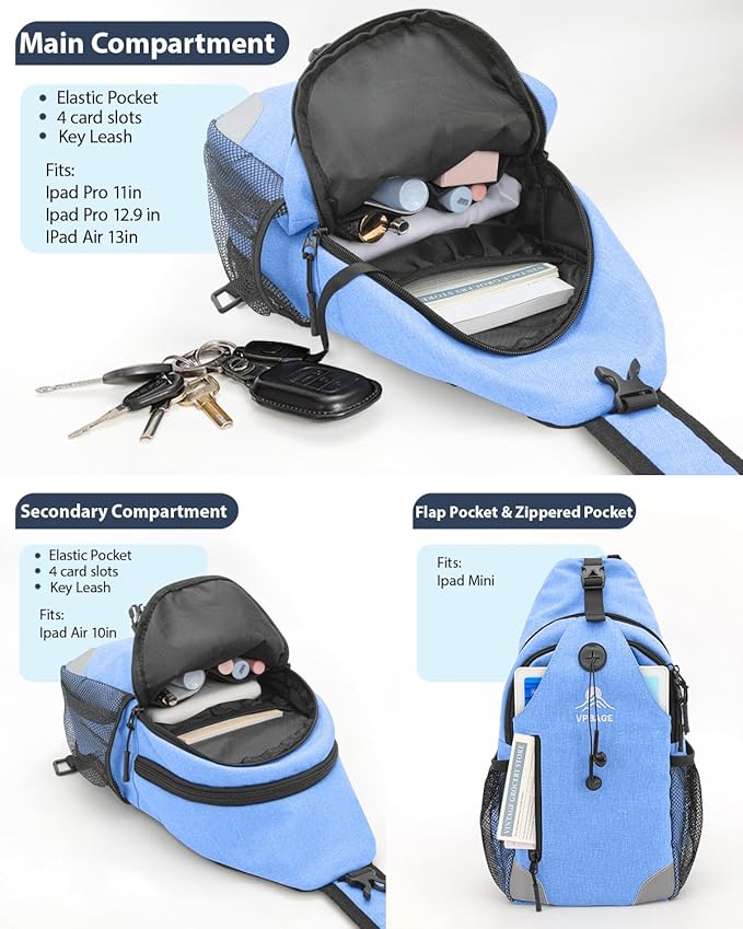 Sling Backpack for Women & Men, Crossbody Travel Bag with Water Bottle Holders, 17 Pockets, Quick-Access Phone Pocket, Hidden Security Pocket, Fits 11" Tablet, for Daily Carry, Travel, Theme Parks