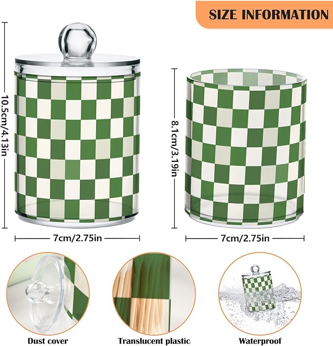 2 Pack Qtip Holder Organizer Dispenser Green White Checkered Pattern Bathroom Storage Canister Cotton Ball Holder Container for Cotton Pads/Swabs/Floss