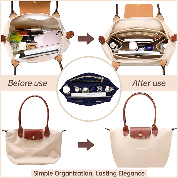 OPPOSHE Purse Organizer Insert for Longchamp Le Pliage, Premium Felt Long Champ Bag Handbag Women, Tote Organizer Insert with 9 Compartments (Medium, Navy)