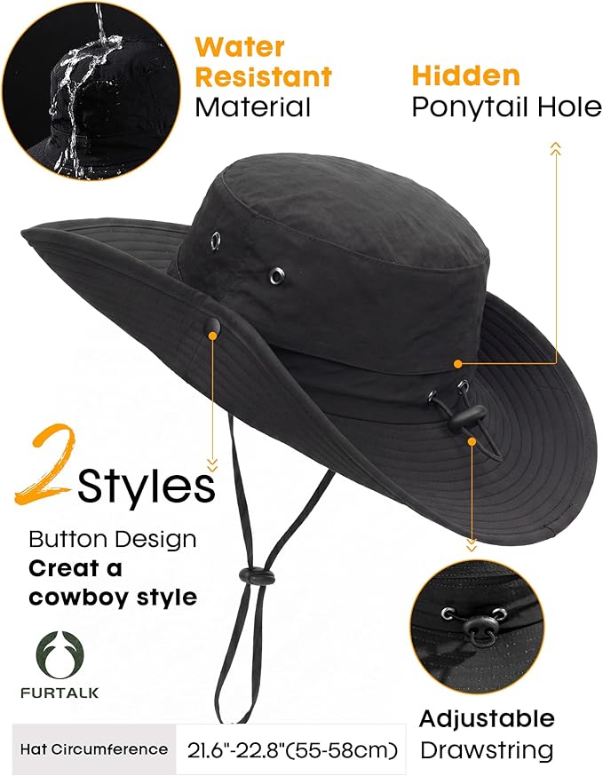 FURTALK Sun Hats for Women Ponytail UPF 80+ Beach Summer Hat Wide Brim Packable Cowboy Hat