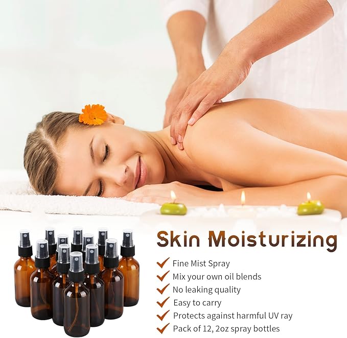 12 Pack Amber Glass Spray Bottles, 2oz/60ml Empty Glass Spray Bottles with Fine Mist, Small Leak Proof Travel Dispenser Bottles for Essential Oils, Bath, Beauty, Hair & Cleaning