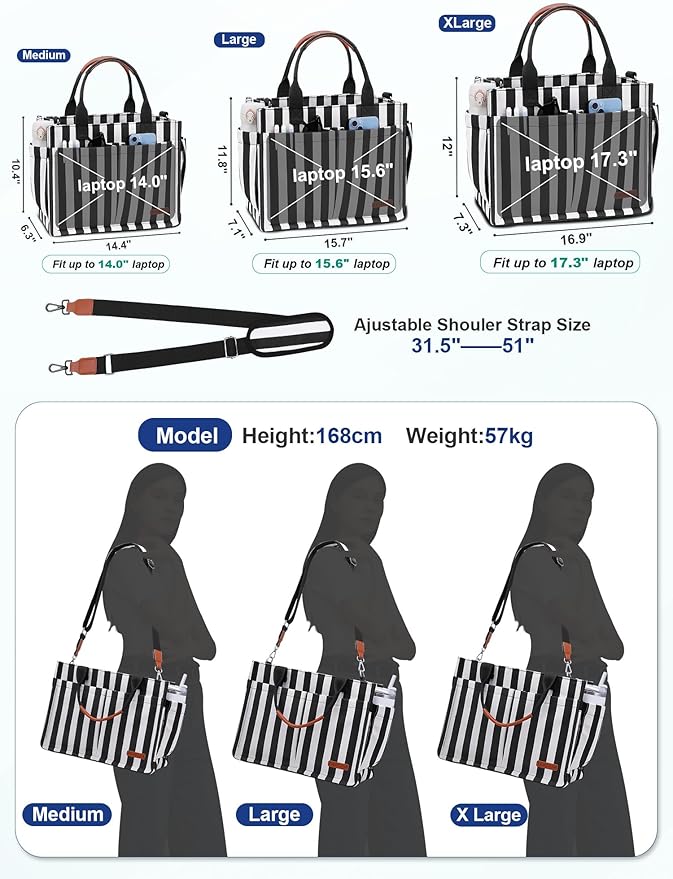 FIORETTO Womens Canvas Tote Bag Purse with Individual Compartment, Zipper Top, Reinforced Bottom & Luggage Sleeve