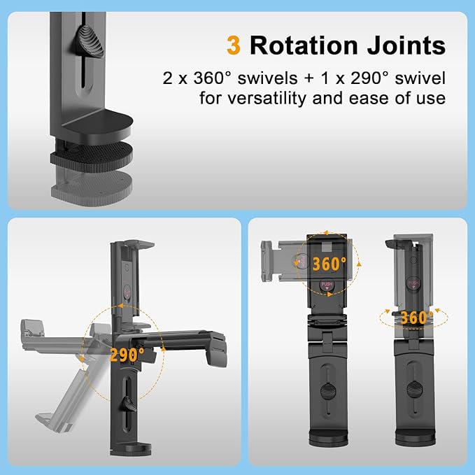 Airplane Tablet Holder Mount, 360 Degree Rotating Hands-Free Travel Stand, Max 7.6” Adjustable Clamp Opening, Compatible with iPad/Galaxy Tab (Not for iPad 12.9”/13”)