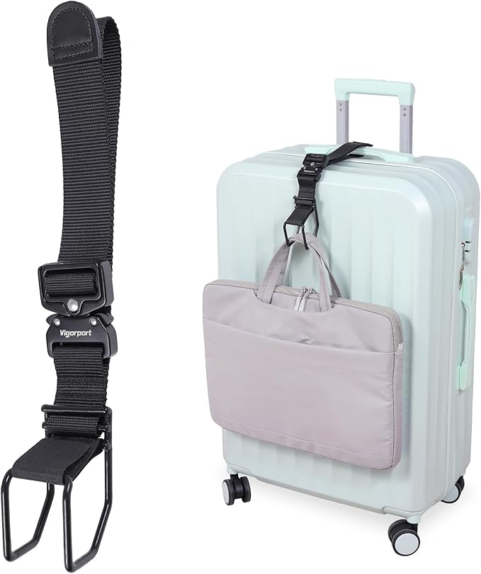 Vigorport Luggage Hook Strap, J Hook for Add a Bag Luggage, Multi Adjustment Bag Strap Hook with Hands Free(Medium Size/Metal Buckle)