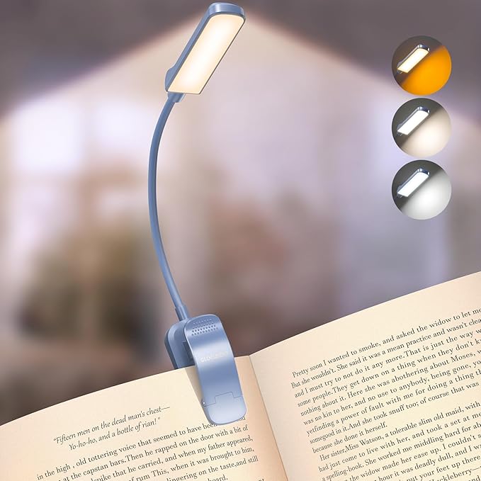 Glocusent 13 LED Rechargeable Book Light for Reading at Night, Eye-Caring 3 Amber Colors & Stepless Dimming, Lasts 1 Week to 2 Months, Travel Clip on Lamp, Gifts for Book Lovers, Men, Women & Kids
