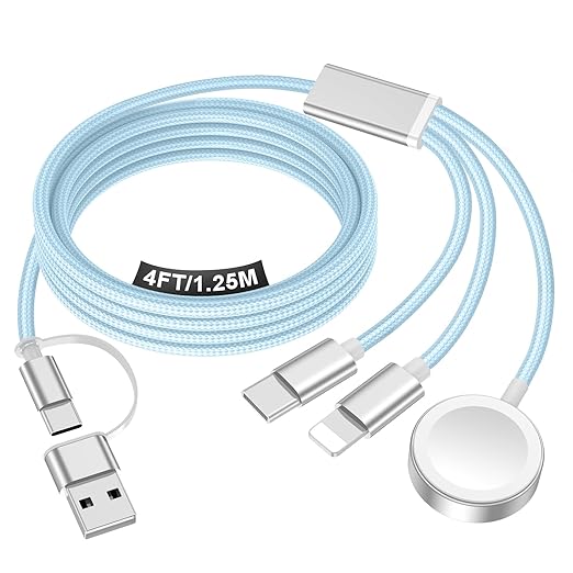 Travel Essentials for Apple Watch Charger,iPhone Charger,3 in 2 Type C/Lightning/Magnetic Travel Charging Cable,Portable Multi Charging Cable for Apple Watch, iPhone 17‑11,Samsung S26,Car,iPad-4FT
