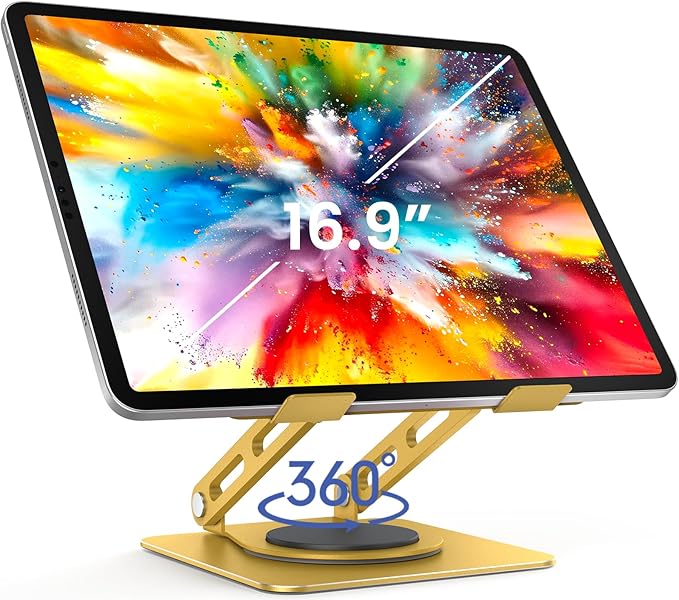 LOXP Metal Tablet Stand, 360 Rotating iPad Stand with Heavy-Duty Base, Tablet Holder Compatible with 4.0-16.9" Device, iPad Pro Air Mini, Kindle, Surface Tablet, Portable Monitors - Gold