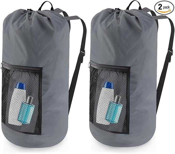 Olosar Laundry Bag Backpack, 2PCS Extra Large Travel Laundry Bag with Mesh Pocket & Adjustable Shoulder Straps,Dirty Clothes Travel Bag for College Students Dorm,Apartment(Grey)