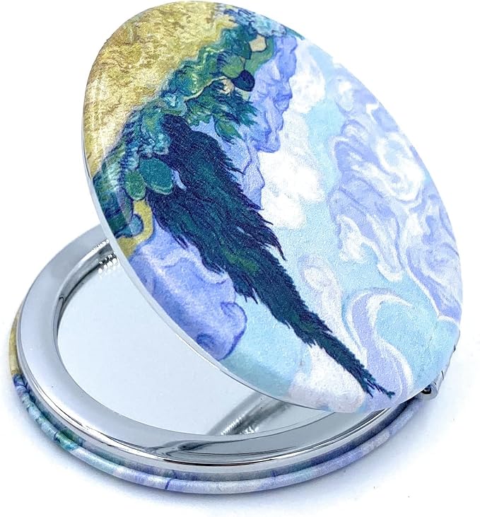 Art Gifts for Women Travel Mirror Van Gogh Handheld Mirror Small Cosmetic Compact Mirror Cute Pocket Mirror Design Print Wheat Field and Cypress, Diameter 2.75 inch x 0.4 inch Thickness