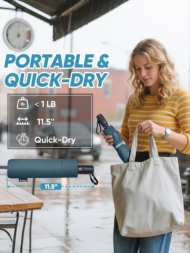 PTEROMY Windproof Travel Umbrellas for Rain and Sun, Withstands 85MPH Winds Auto Open Close Folding Umbrella with Ergonomic Handle, Quick Dry Canopy for Commuting or Backpack