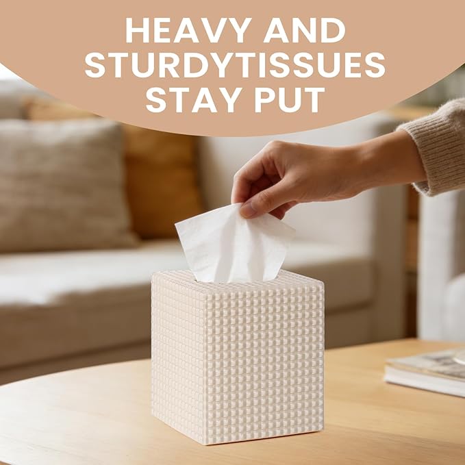 2 Pack Tissue Box Cover Beige, Square Acrylic Tissue Holder, Decorative Facial Tissue Box Vessel Cube Paper Organizer Dispenser for Bathroom Office, Night Stand, Desk, Car, Vanity, Countertops