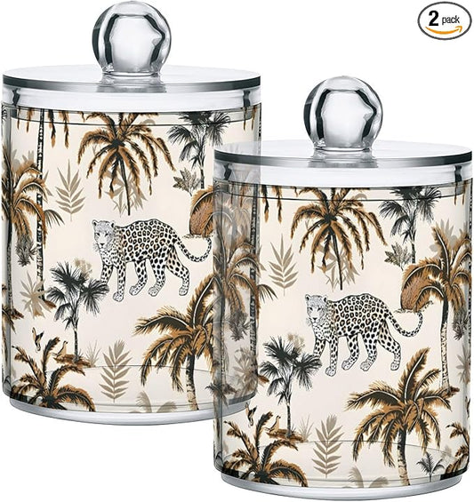 2 Pack Qtip Holder Organizer Dispenser Leopard Palm Trees Bathroom Storage Canister Cotton Ball Holder Container for Cotton Pads/Swabs/Floss