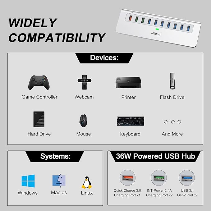 Powered USB Hub 10Gbps, 10 Port USB 3.2 Gen 2 Hub with 7 USB 3.2 Data Ports, 3 Fast Charging Ports, 36W Power Adapter, Type A and Type C Cable, Aluminum USB Hub for Laptop, Mac, PC